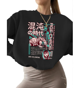 Kaos çağı - japon animesi Baskılı 3 iplik şardonlu bisiklet yaka Sweatshirt kadın Bej kalın erkek (Siyah)