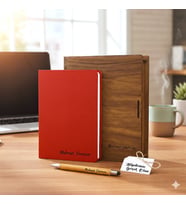 Kişiye Özel Ahşap Kutusunda Termo Deri Defter - Kalem  a/5 (Kırmızı)