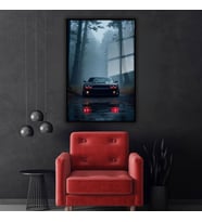 Metal Çerçeveli Temperli Cam Tablo Dodge Demon Araba ve Orman (Siyah)
