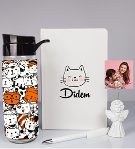Kişiye Özel Defter Kalem Matara Ve Fotoğraflı Notluk Seti 93537 (Beyaz)
