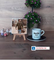 Anestezi Uzmanı Fotoğraflı Dekoratif Taş, Ahşap Altlıklı Türk Kahvesi Fincanı Hediye (Model 7)