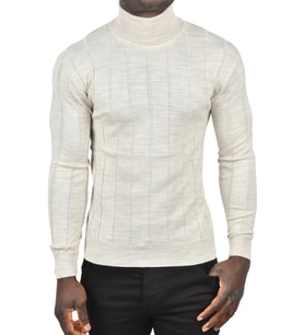 DeepSEA Erkek  Slim Fit Likralı Tam Balıkçı Yaka Çizgili Boğazlı Kazak 2505504 (Bej)