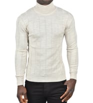DeepSEA Erkek  Slim Fit Likralı Tam Balıkçı Yaka Çizgili Boğazlı Kazak 2505504 (Bej)