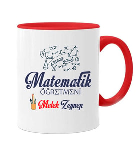 Matematik Öğretmen Temalı  Geometrik Şekillerle Tasarlanmış  Kupa Bardak (Kırmızı-Beyaz)