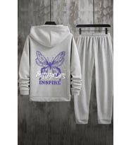 Unisex Butterfly & Letter Graphic Baskılı Eşofman Takımı (Gri)