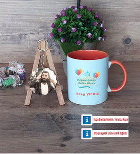 Doğum Günü Hediyesi Kupa Bardak Beyaz ve Fotoğraflı Ahşap Anahtarlık Hediye (Model 13)