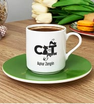 Kişiye Özel Cat Mom Türk Kahvesi Fincanı Kedi Annesi -5- (Yeşil)