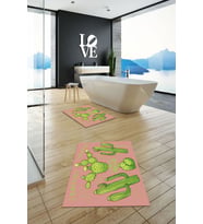 EVDEYA Baskılı Yıkanabilir Kaktüs Desenli İkili Banyo Halısı Paspas Klozet Takımı, KLOZET-23-BEYAZ, (Pembe)