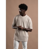 Oversize (Bol Kesim) Bisiklet Yaka Örgülü Likralı Kısa Kol T-shirt (Taş)