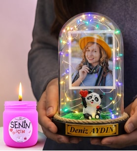 Kişiye Özel Renkli Led Işıklı Pandalı Fanus ve Kokulu Mum