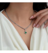 925 Ayar Gümüş Pırlanta Modeli İtalyan Zincir Kare Kolye, Kadın Kolye, İTLKREKLYE001 (Zümrüt Yeşili)