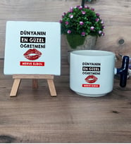 Dünyanın En Güzel Öğretmeni Hediye Seti Kupa Bardak T Kulplu ve Dekoratif Taş Öğretmenler Günü Hediyesi (Model 2)