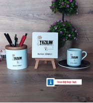 Yazılım Mühendisi Hediye Seti Dekoratif Taş, Kalemlik, Ahşap Altlıklı Türk Kahvesi Fincanı Hediye (Model 7)