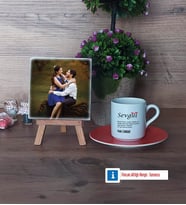 Sevgiliye Hediye Fotoğraflı Dekoratif Taş, Ahşap Altlıklı Türk Kahvesi Fincanı Hediye (Model 8)