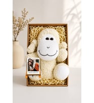 25 cm Peluş Kuzu Hediye Kutusu – Fotoğraf ve Mesaj Kartlı Sevimli Peluş Hediye Seti