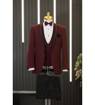 Slimfit Armürlü Kırlangıç Çıkmalı Yaka Yelekli Papyonlu Smokin Takım Elbise (Bordo)
