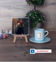 Unicorn Fotoğraflı Dekoratif Taş, Ahşap Altlıklı Türk Kahvesi Fincanı Hediye (Model 2)