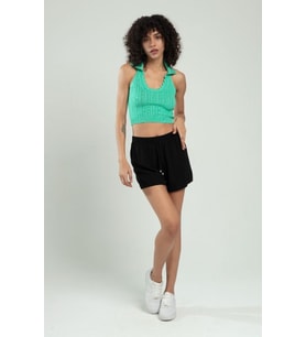 Sifu Tekstil Polo Yaka  Kadın Saç Örgülü Yuvarlak Açmalı Spor Triko Bluz Atlet Crop Top SFYZ1010 (Fıstık Yeşili)