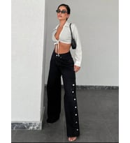 2069 Kadın Likrasız Yandan Çıtçıtlı Bol Paça Jeans Kot Denim Pantolon (Siyah)