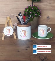 Unicorn Hediye Sepeti Kalemlik, Türk Kahvesi Fincanı Kırmızı, Ahşap Anahtarlık Hediye (Model 7)