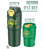 Vagonlife 2'li Çelik Termos-Kahve Bardağı Seti 750ML Çift Kullanım Termos//450ML Mug Kahve Bardağı (Yeşil)