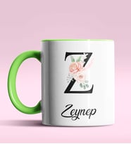 Kişiye Özel Z Harfi Temalı Gül Tasarım Siyah Renk Kupa (Yeşil)
