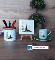 Kız Kulesi Hediye Seti Dekoratif Taş, Kalemlik, Ahşap Altlıklı Türk Kahvesi Fincanı HediyeArkadaşa Hediye (Model 9)