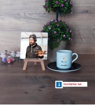 Pilot Fotoğraflı Dekoratif Taş, Ahşap Altlıklı Türk Kahvesi Fincanı Hediye (Model 7)