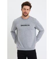 Erkek Bisiklet Yaka Rahat Kalıp 3 iplik Kalın Brooklyn Baskılı Sweatshirt SPR24sw29 ( Gri-Melanj)