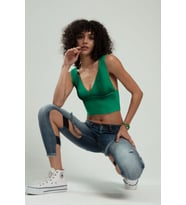 Sifu Tekstil Kadın Özel Sprey Boyamalı V Yakalı Spor Triko Atlet Büstiyer Crop Top Bluz SFYZ1013 (Benetton)