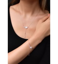 Papatya Silver 925 Ayar Gümüş Zincir Sallantılı Beyaz Taşlı Sedef Manolya Çiçeği Kolye-Bileklik Set (Rose)