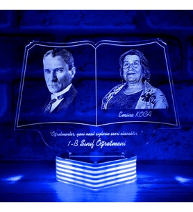 Kişiye Özel Atatürk Görselli Öğretmenler Günü Hediyesi 3D Lamba (Mavi)