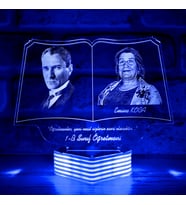 Kişiye Özel Atatürk Görselli Öğretmenler Günü Hediyesi 3D Lamba (Mavi)