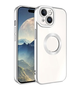 Apple iPhone 15 Plus Kılıf Logo Yeri Açık Kamera Lens Korumalı Renkli Kenarlı Şeffaf Silikon (Gümüş)