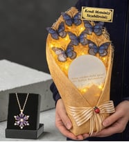 Kişiye Özel Led Işıklı Aynalı Mavi Kelebek Buketi ve Ametist Taşlı Lotus Kolye (Krem)