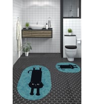 EVDEYA Dijital Baskılı Yıkanabilir Sevimli Kedi İkili Banyo Halısı Paspas Oval Klozet Takımı, OKLOZET-39-GRİ, (Mavi)