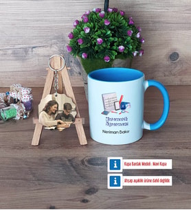 Matematik Öğretmeni Kupa Bardak Beyaz ve Fotoğraflı Ahşap Anahtarlık HediyeÖğretmenler Günü Hediyesi (Model 4)