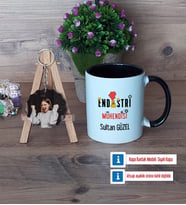 Endüstri Mühendisi Kupa Bardak Beyaz ve Fotoğraflı Ahşap Anahtarlık Hediye (Model 11)