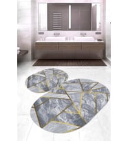 Dijital Baskılı Kaymaz Taban Yıkanabilir Oval 2'li Klozet Takımı Banyo Paspası NOKZ-HT-1365 (Gold)