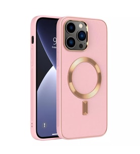 Apple iPhone 14 PLUS Kılıf Magsafe Wireless Kablosuz Şarj Uyumlu Suni Deri Hibrit Kapak (Pembe)