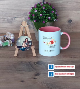 Anneye Hediye Kupa Bardak Beyaz ve Fotoğraflı Ahşap Anahtarlık Hediye (Model 6)