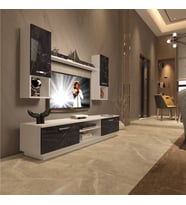 Decoraktiv Eko 5DAB Mdf Dvd Tv Ünitesi Tv Sehpası - Parlak Beyaz (Beyaz - Siyah Mermer)