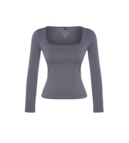 Moda Kare Yaka Örme Slim Düz Desen Casual Günlük Regular Uzun Kol Bluz (Antrasit)