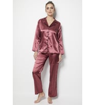 Miorre Kadın Uzun Kollu Önden Düğmeli Saten Pijama Takımı (Eflatun)