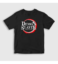 Presmono Unisex Çocuk Beyaz Logo İblis Avcısı Anime Demon Slayer Kimetsu No Yaiba T-Shirt 308540tt (Siyah)