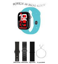 Samsung Galaxy M30 Uyumlu Açık Mavi Akıllı Saat Watch 10 Mini Kordon Hediyeli AMOLED EKRAN 41MM (Siyah - Turkuaz)