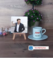 Memur Fotoğraflı Dekoratif Taş, Ahşap Altlıklı Türk Kahvesi Fincanı Hediye (Model 2)