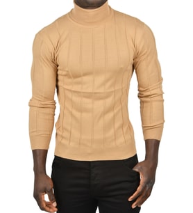 DeepSEA Erkek  Slim Fit Likralı Tam Balıkçı Yaka Çizgili Boğazlı Kazak 2505504 (Camel)