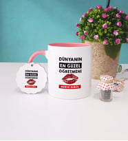 Dünyanın En Güzel Öğretmeni Kupa Bardak ve Anahtarlık (Pembe)
