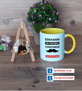 Erkek Öğretmene Hediye Kupa Bardak Beyaz ve Fotoğraflı Ahşap Anahtarlık Hediye (Model 7)